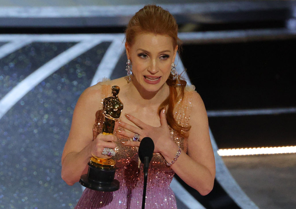 Oscars 2022 Best Actress winner Jessica Chastain poses with her Oscar